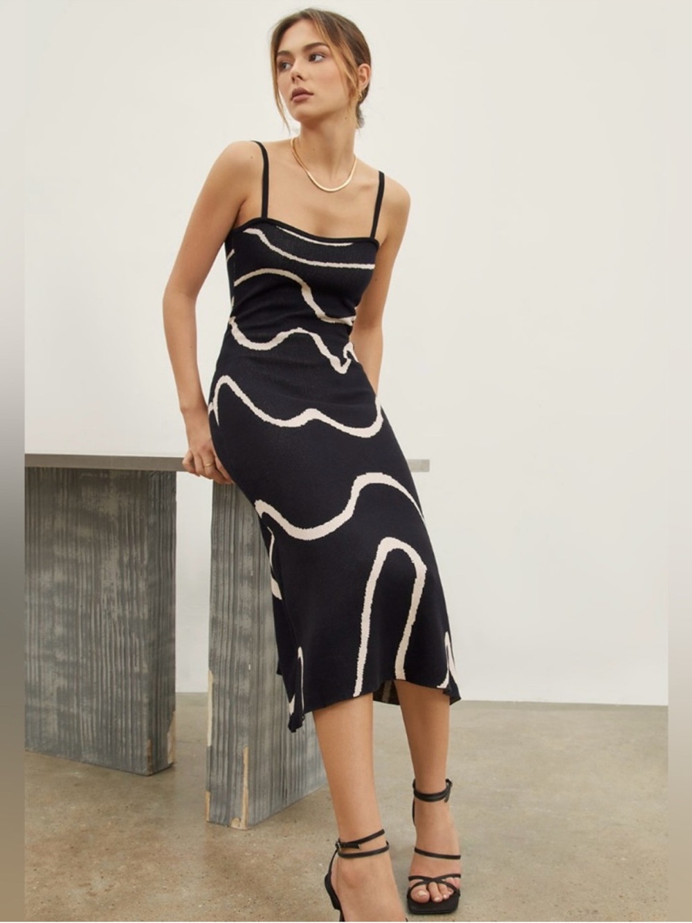Commense Black Midi Slip Dress with Cream Wave Pattern - Picture 3 of 6
